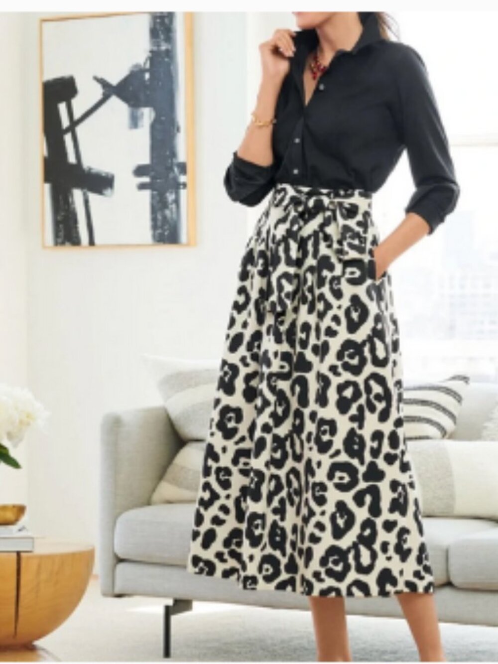 Talbots Leopard Print Midi Skirt Fully Lined Pleats A-Line Tie Waist Pocket sz 2